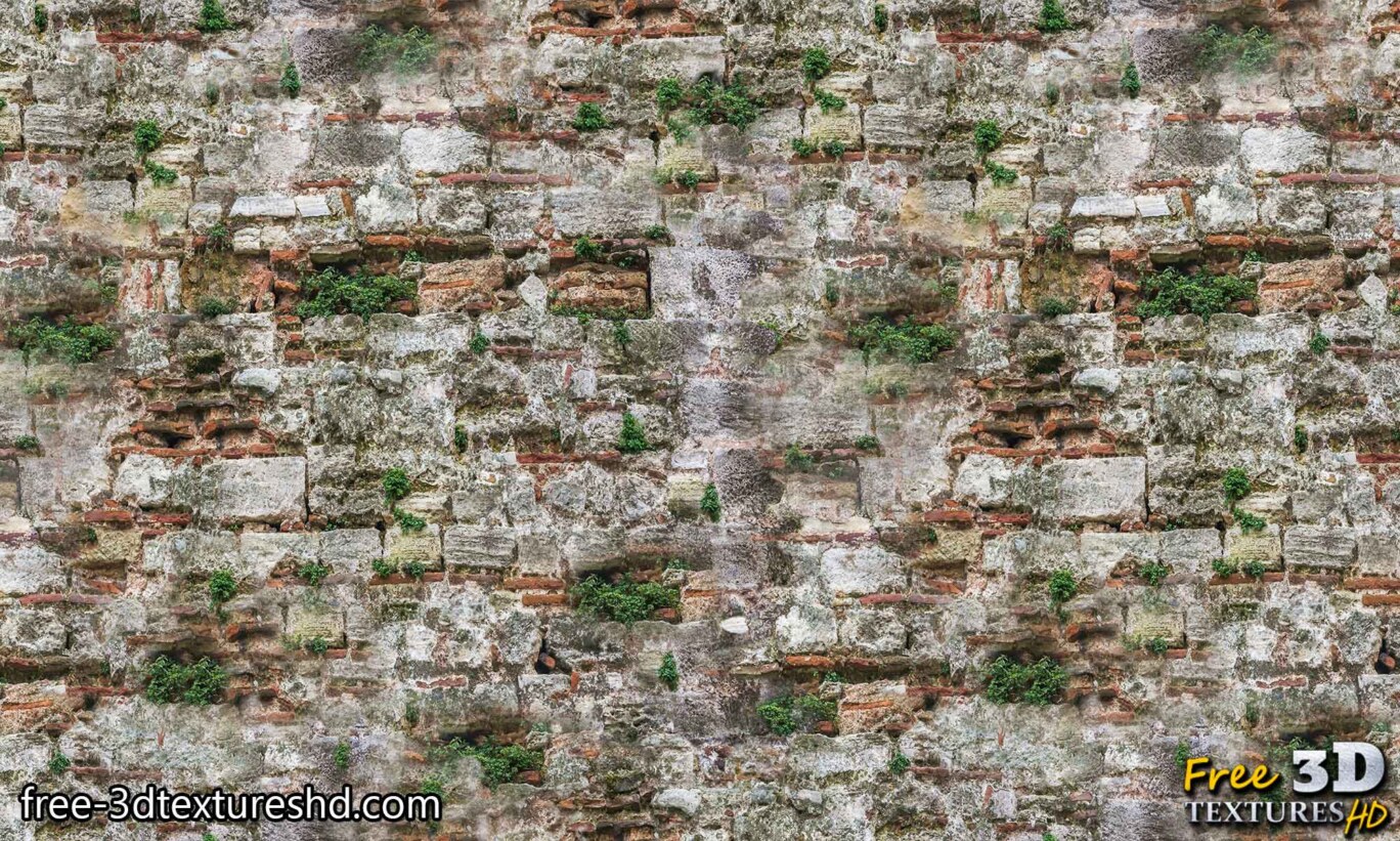Vieux mur de briques avec herbe télécharger une texture 3d haute résolution 4k