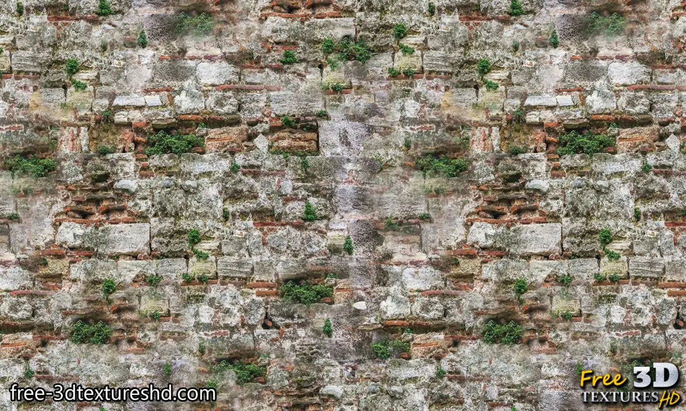 Old brick wall with grass download seamless free texture high resolution 4k