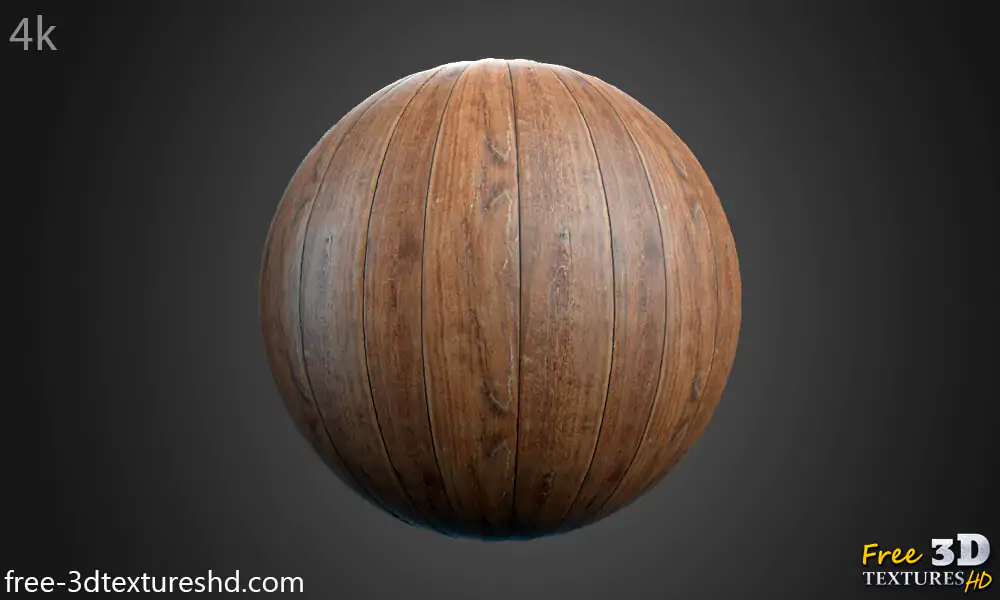 Old brown natural wood floor plank 3D texture, seamless PBR material. High-resolution 4K. Free download.