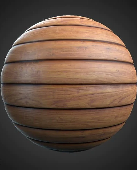 High-resolution, seamless, brown wood plank PBR material. Ideal for desks, tables, or floors. Old, striped timber board texture. Free 4K download.