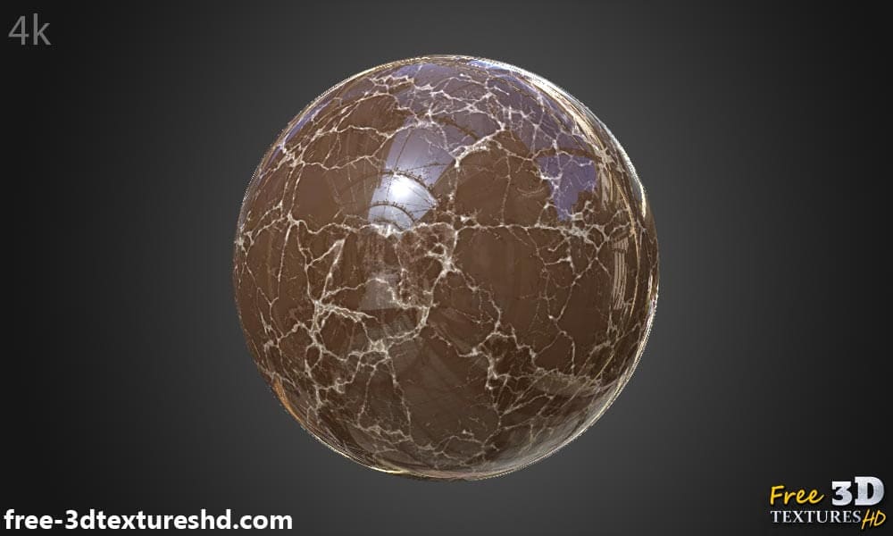 Matériau PBR en marbre brun hyperréaliste haute résolution pour une texture d'objet 3D détaillée. Textures HD et 4K incluses. Téléchargement gratuit.