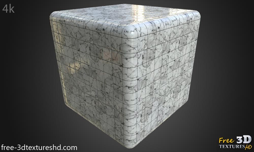 Texture de carrelage mural en marbre blanc haute résolution, matériau PBR pour un rendu 3D réaliste. Téléchargement gratuit HD 4K.