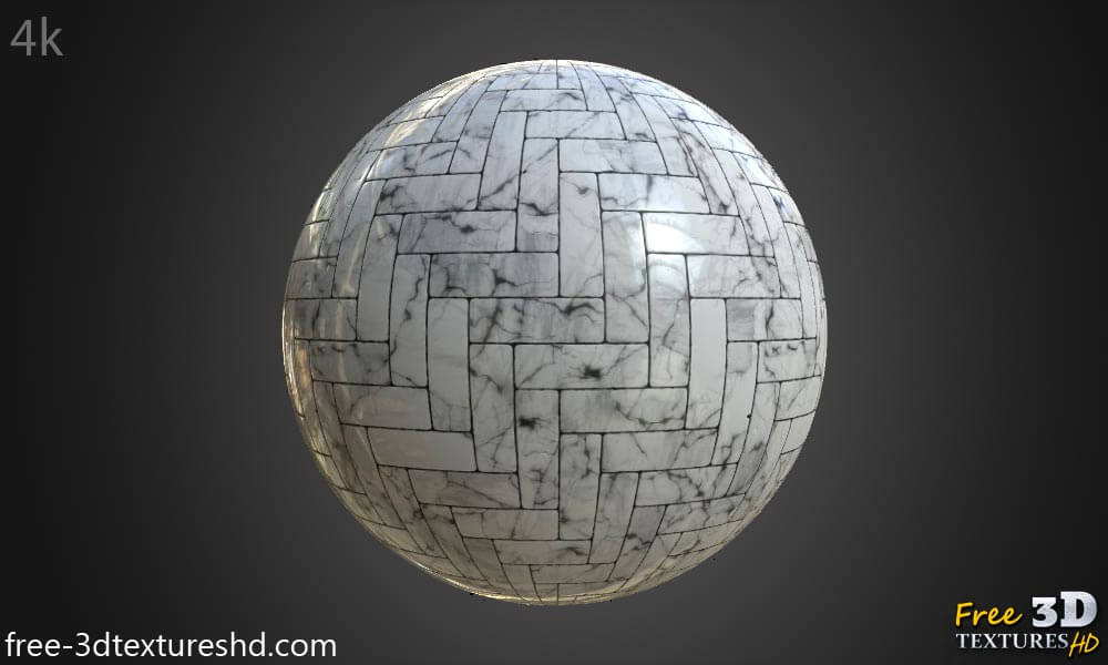 Texture de carrelage de sol en marbre blanc haute résolution, matériau PBR pour un rendu 3D réaliste. Téléchargement gratuit HD 4K.