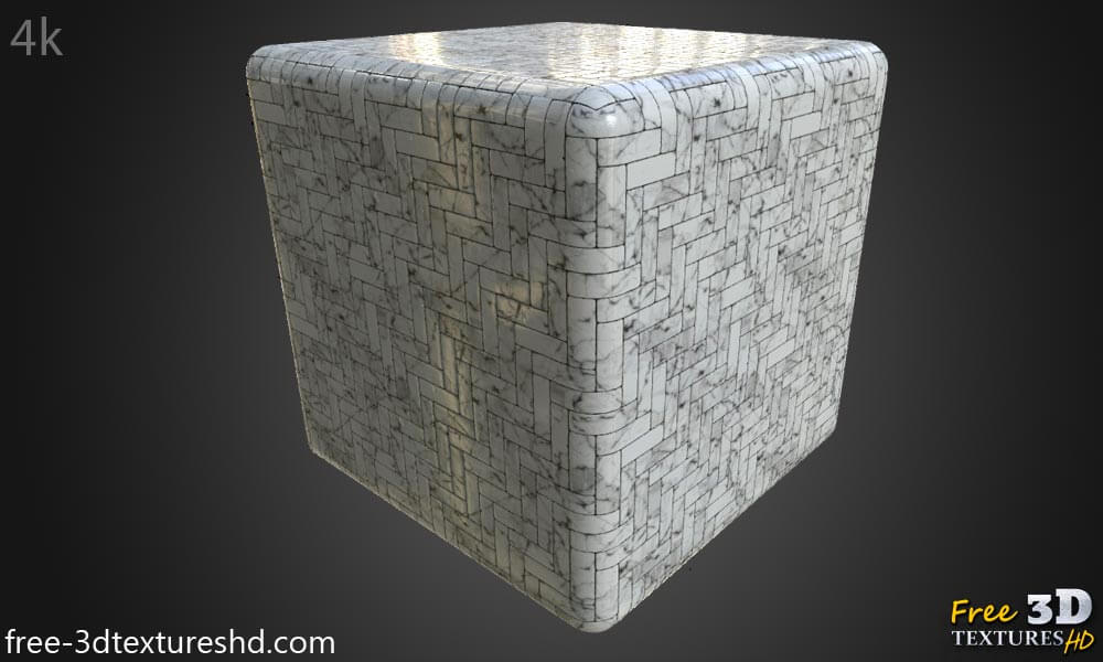 Texture de carrelage de sol en marbre blanc haute résolution sans couture, matériau PBR pour un rendu 3D réaliste. Téléchargement gratuit HD 4K.