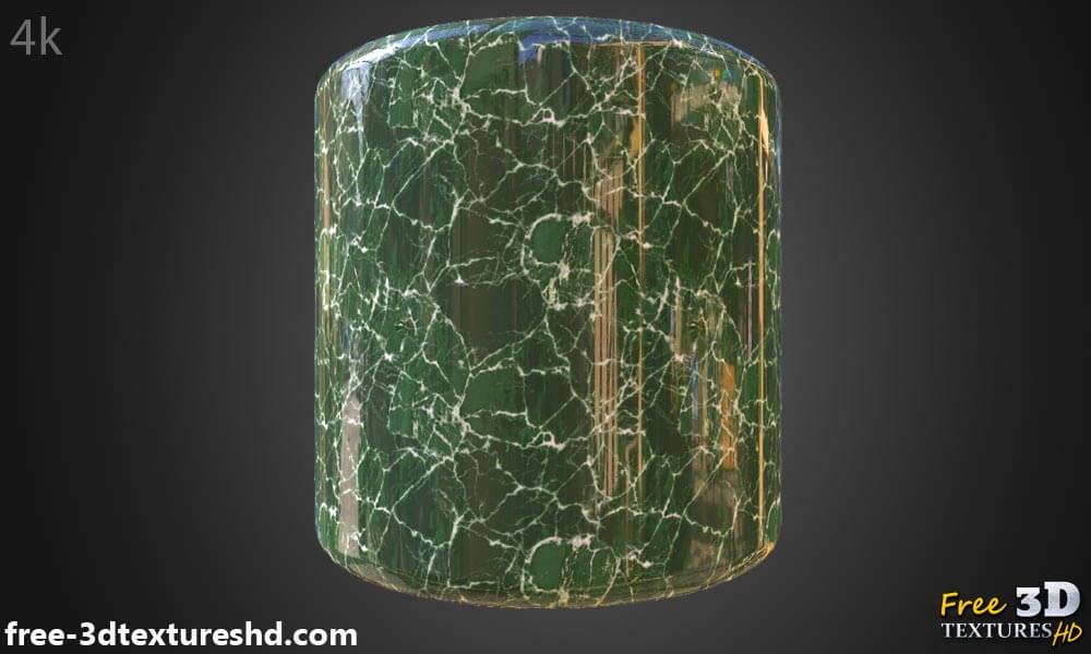Matériau PBR en marbre vert hyperréaliste haute résolution avec texture d'objet 3D détaillée. Textures HD et 4K incluses. Téléchargement gratuit.