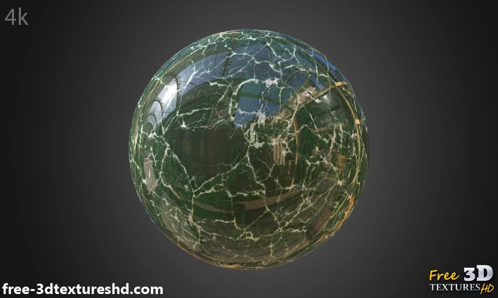 Matériau PBR en marbre vert hyperréaliste haute résolution avec texture d'objet 3D détaillée. Textures HD et 4K incluses. Téléchargement gratuit.