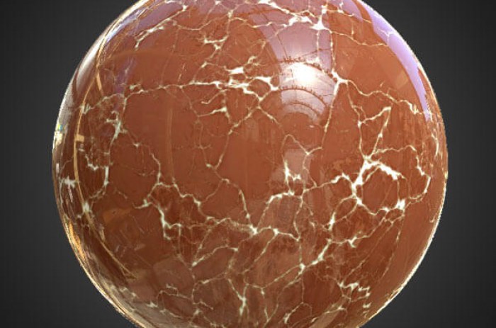 Matériau PBR en marbre rouge hyperréaliste haute résolution avec texture d'objet 3D détaillée. Textures HD et 4K incluses. Téléchargement gratuit.