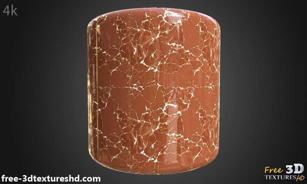 Matériau PBR en marbre rouge hyperréaliste haute résolution avec texture d'objet 3D détaillée. Textures HD et 4K incluses. Téléchargement gratuit.