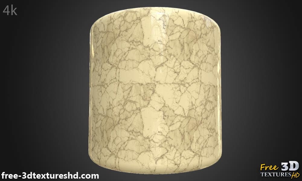 Matériau PBR en marbre jaune hyperréaliste haute résolution avec texture d'objet 3D détaillée. Textures HD et 4K incluses. Téléchargement gratuit.