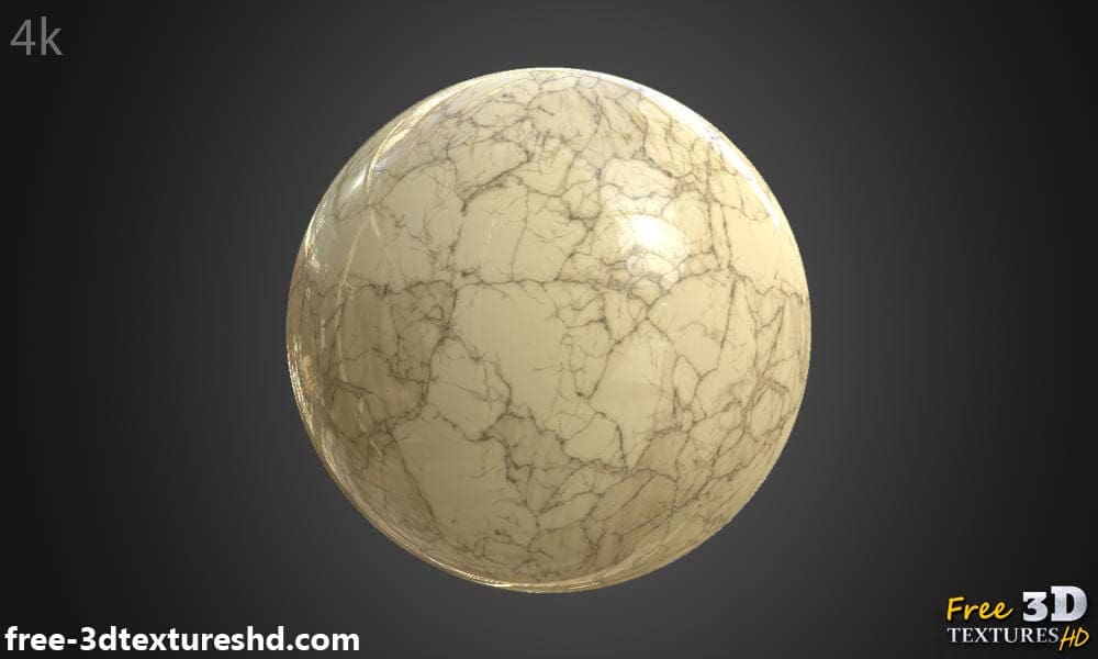 Matériau PBR en marbre jaune hyperréaliste haute résolution avec texture d'objet 3D détaillée. Textures HD et 4K incluses. Téléchargement gratuit.