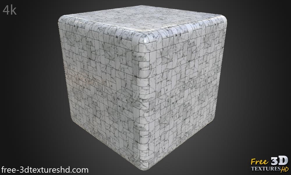 Texture de carrelage mural en marbre blanc haute résolution, matériau PBR pour un rendu 3D réaliste. Téléchargement gratuit HD 4K.