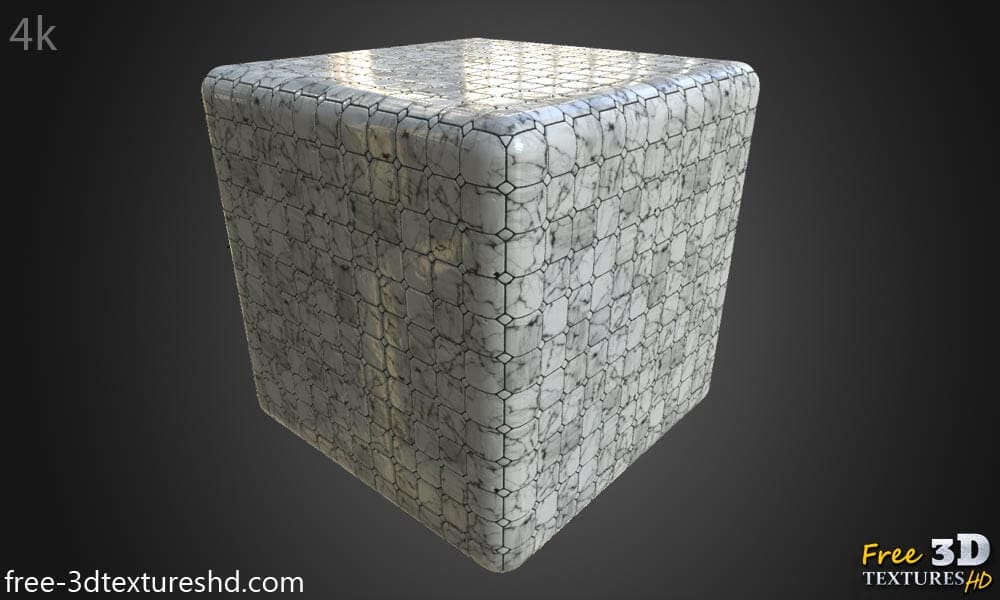 Texture de carrelage de sol en marbre blanc haute résolution, matériau PBR pour un rendu 3D réaliste. Téléchargement gratuit HD 4K.