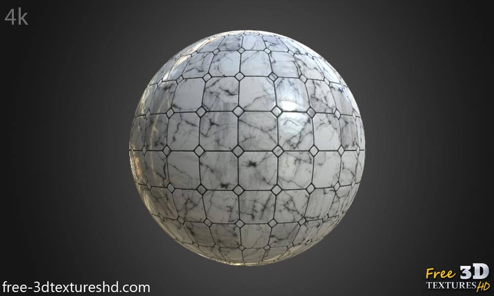 Texture de carrelage de sol en marbre blanc haute résolution, matériau PBR pour un rendu 3D réaliste. Téléchargement gratuit HD 4K.