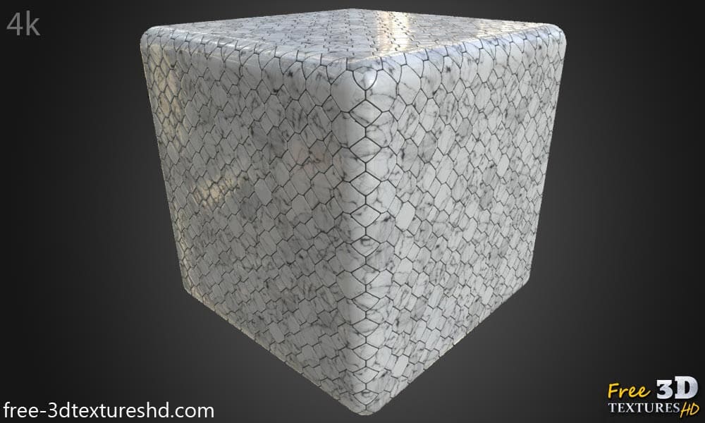 Texture de carrelage de sol en marbre blanc haute résolution, matériau PBR pour un rendu 3D réaliste. Téléchargement gratuit HD 4K.