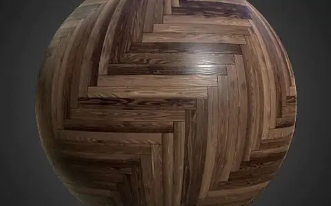 Dark brown wood parquet flooring in herringbone style, PBR material. High-resolution, seamless texture for 3D object texturing. Free download.