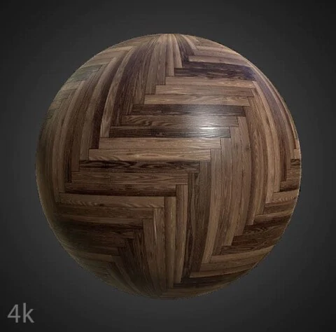 Dark brown wood parquet flooring in herringbone style, PBR material. High-resolution, seamless texture for 3D object texturing. Free download.