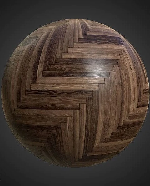 Dark brown wood parquet flooring in herringbone style, PBR material. High-resolution, seamless texture for 3D object texturing. Free download.