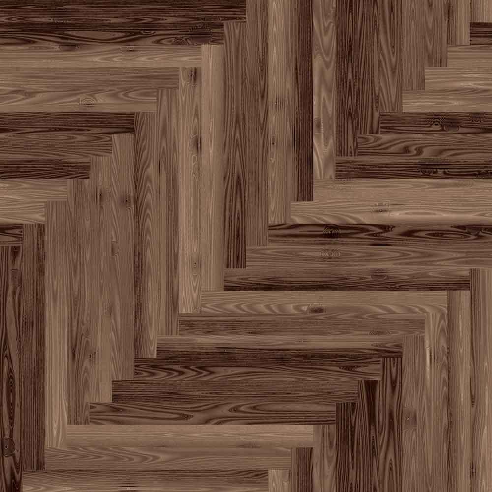 Dark brown wood parquet flooring in herringbone style, PBR material. High-resolution, seamless texture for 3D object texturing. Free download.