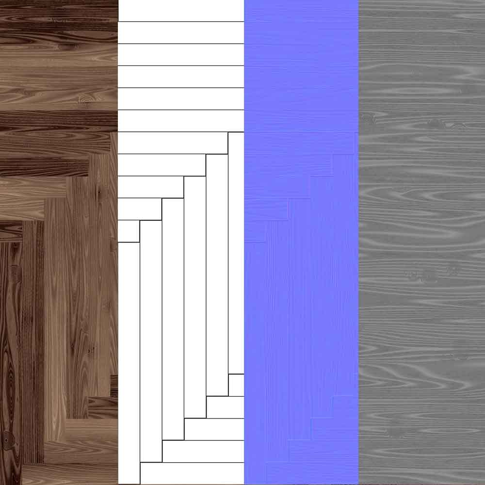 Dark brown wood parquet flooring in herringbone style, PBR material. High-resolution, seamless texture for 3D object texturing. Free download.