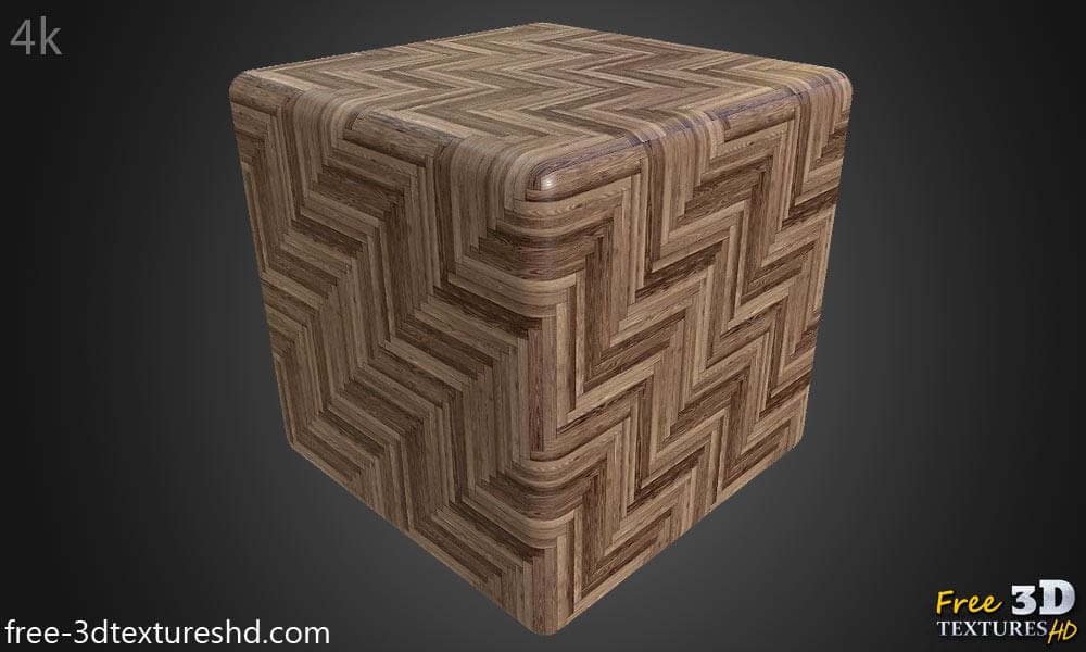 Dark brown wood parquet flooring in herringbone style, PBR material. High-resolution, seamless texture for 3D object texturing. Free download.