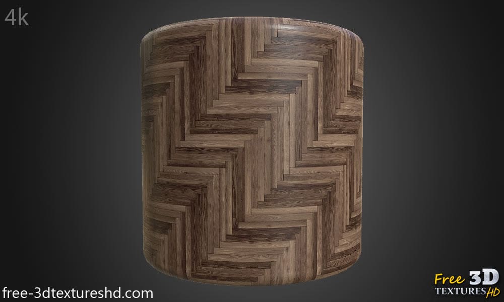 Dark brown wood parquet flooring in herringbone style, PBR material. High-resolution, seamless texture for 3D object texturing. Free download.