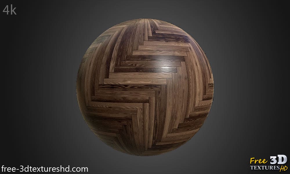 Dark brown wood parquet flooring in herringbone style, PBR material. High-resolution, seamless texture for 3D object texturing. Free download.