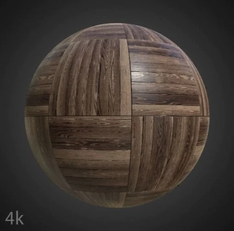 Dark brown wood parquet flooring in square basket pattern, PBR material. High-resolution, seamless texture for 3D object texturing. Free download.