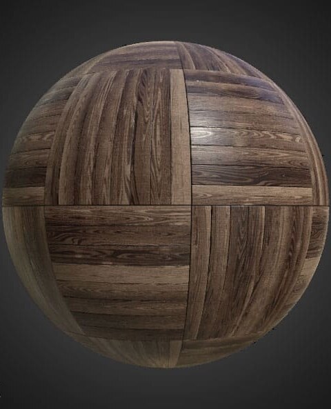 Dark brown wood parquet flooring in square basket pattern, PBR material. High-resolution, seamless texture for 3D object texturing. Free download.