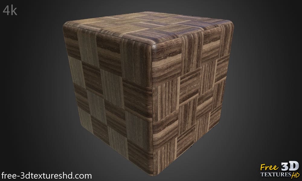 Parquet en bois brun foncé à chevrons, matériau PBR. Texture sans couture en haute résolution pour la texturation d'objets 3D. Téléchargement gratuit.