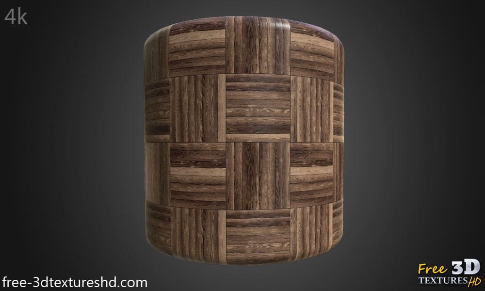 Parquet en bois brun foncé à motif de panier carré, matériau PBR. Texture sans couture en haute résolution pour la texturation d'objets 3D. Téléchargement gratuit.