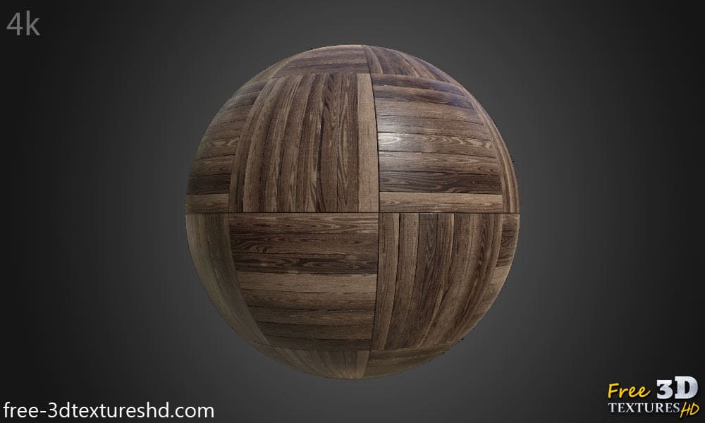 Parquet en bois brun foncé à motif de panier carré, matériau PBR. Texture sans couture en haute résolution pour la texturation d'objets 3D. Téléchargement gratuit.