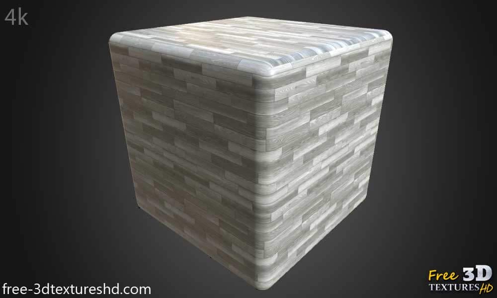 Parquet en bois blanc gris, matériau PBR. Texture haute résolution et homogène pour la texturation d'objets 3D. Téléchargement gratuit.