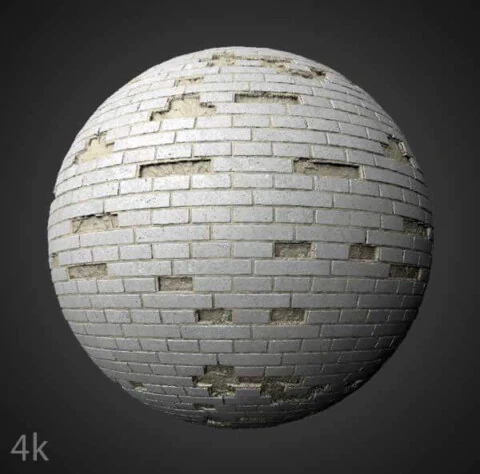 White Old Brick Wall 3D Texture with Unstacked Bricks PBR Material - Free Download HD 4K