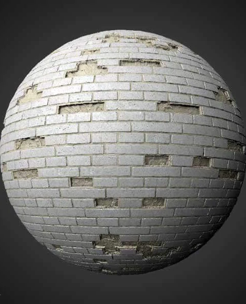 White Old Brick Wall 3D Texture with Unstacked Bricks PBR Material - Free Download HD 4K