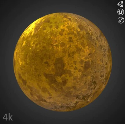 Gold damaged 3D texture PBR material, HD 4K, free download for Unity, Unreal, and V-Ray