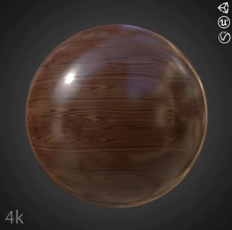 Oak wood shiny 3D texture PBR material, HD 4K, free download for Unity, Unreal, and V-Ray