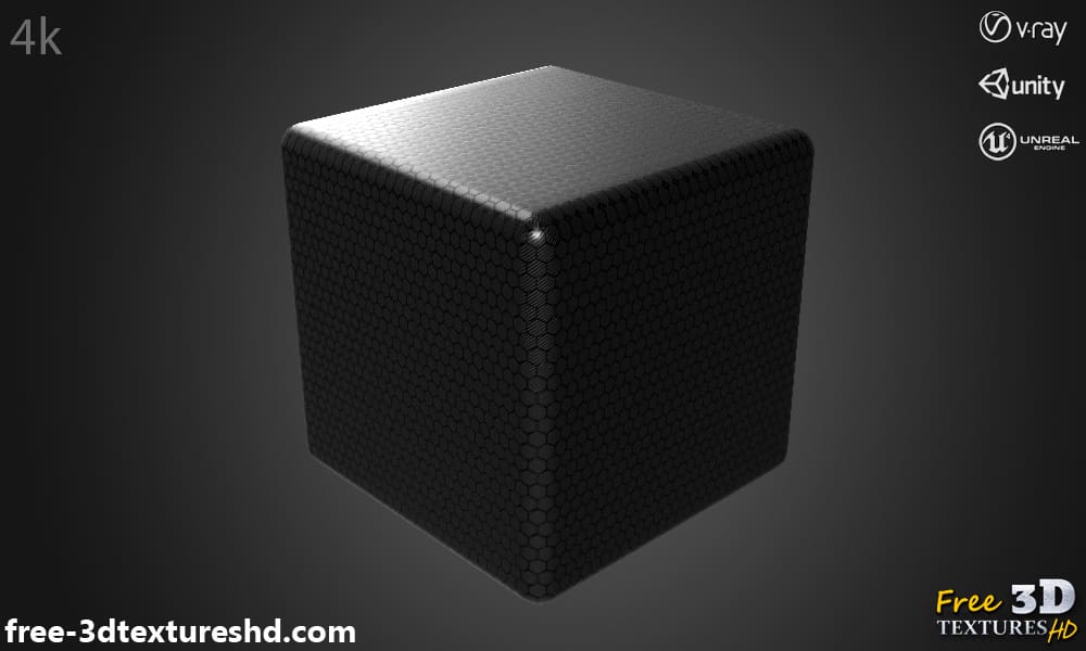 Texture 3D hexagonale en fibre de carbone noire, matériau PBR haute résolution à télécharger gratuitement en 4K pour Unreal Unity et Vray