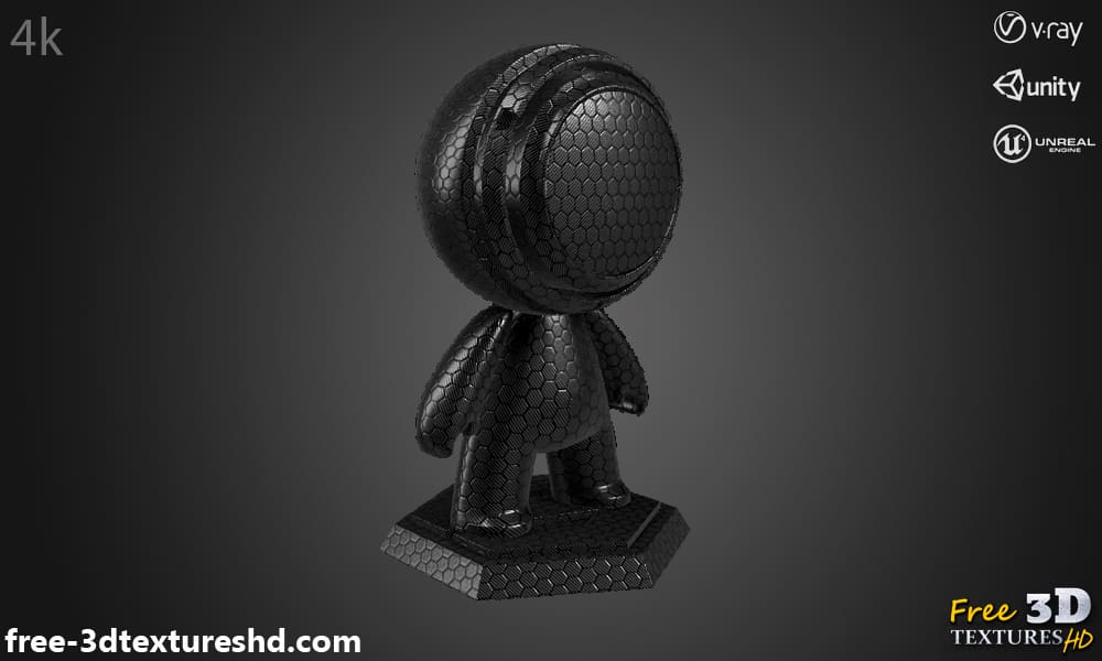 Texture 3D hexagonale en fibre de carbone noire, matériau PBR haute résolution à télécharger gratuitement en 4K pour Unreal Unity et Vray