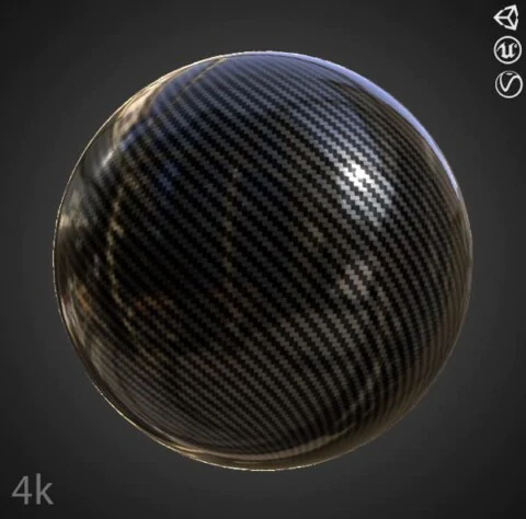 Carbon fiber glossy 3D texture PBR material, HD 4K, free download for Unity, Unreal, and V-Ray