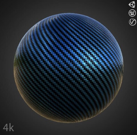 Texture 3D fibre de carbone bleu matériau PBR, HD 4K, téléchargement gratuit pour Unity, Unreal, et V-Ray, avec rendu.