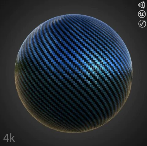 Carbon fiber blue 3D texture PBR material, HD 4K, free download for Unity, Unreal, and V-Ray, with render