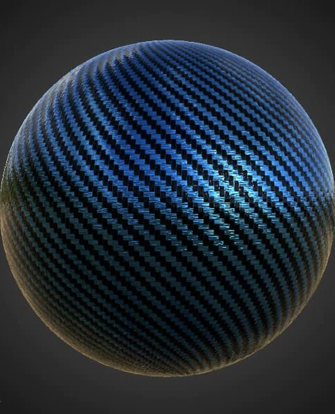 Carbon fiber blue 3D texture PBR material, HD 4K, free download for Unity, Unreal, and V-Ray, with render