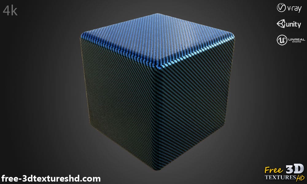 Matériau PBR à texture 3D bleue en fibre de carbone, HD 4K, téléchargement gratuit pour Unity, Unreal et V-Ray, avec cube de rendu