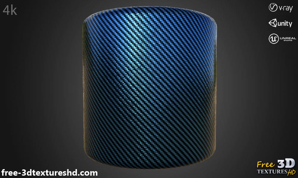 Texture 3D fibre de carbone bleu matériau PBR, HD 4K, téléchargement gratuit pour Unity, Unreal, et V-Ray, avec rendu.