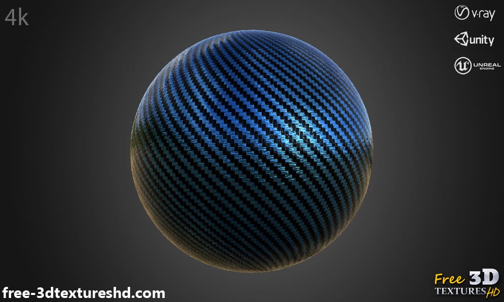 Texture 3D fibre de carbone bleu matériau PBR, HD 4K, téléchargement gratuit pour Unity, Unreal, et V-Ray, avec rendu.