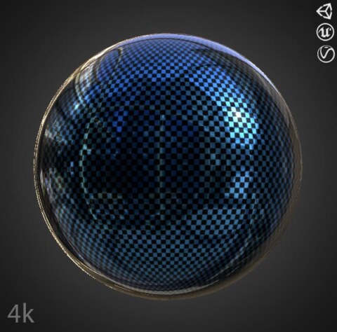 Texture 3D fibre de carbone bleue PBR, HD 4K, téléchargement gratuit pour Unity, Unreal, et V-Ray