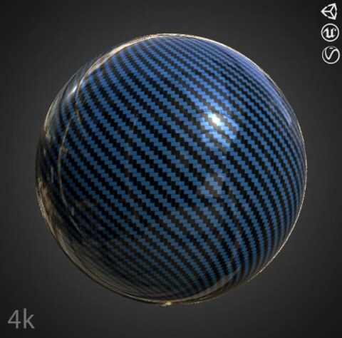Texture 3D fibre de carbone bleue PBR, HD 4K, téléchargement gratuit pour Unity, Unreal, et V-Ray