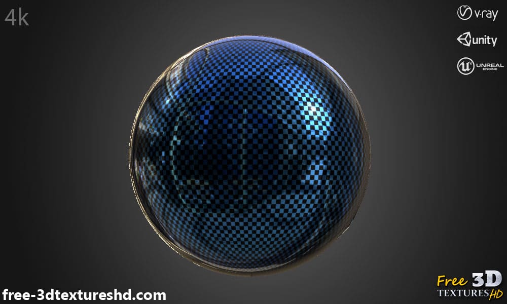 Texture 3D fibre de carbone bleue PBR, HD 4K, téléchargement gratuit pour Unity, Unreal, et V-Ray