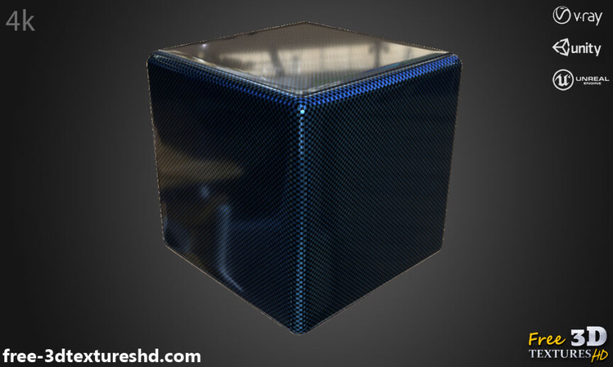 Carbon-fiber-blue-glossy-3d-texture-PBR-material-background-free-download-HD-4K-Unity-Unreal-Vray-render-cube
