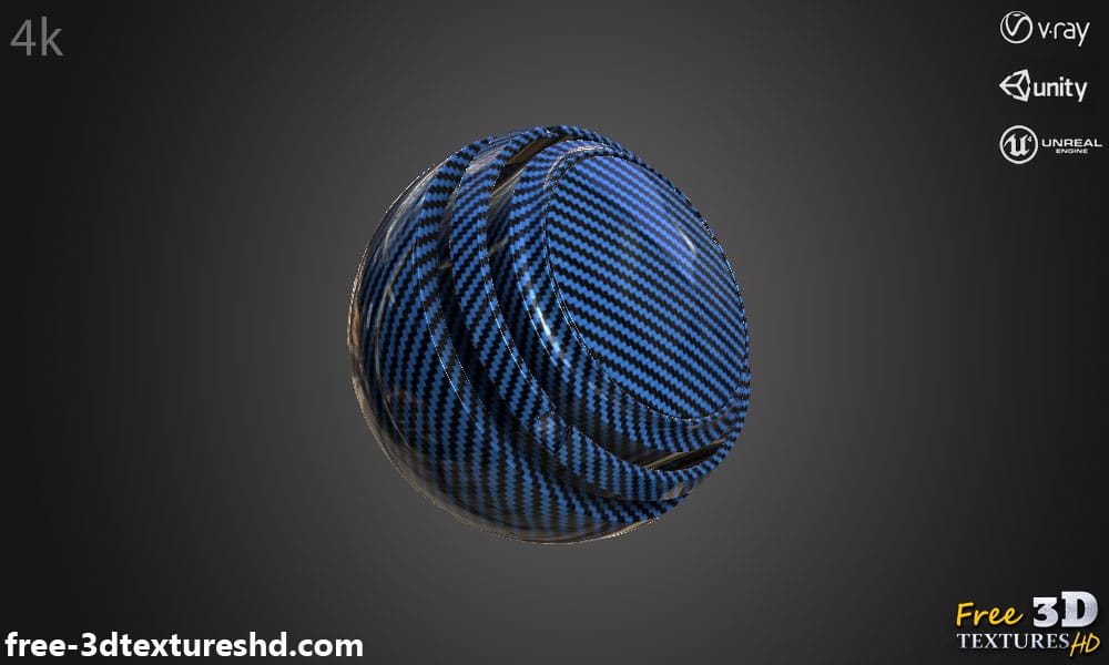Texture 3D fibre de carbone bleue PBR, HD 4K, téléchargement gratuit pour Unity, Unreal, et V-Ray